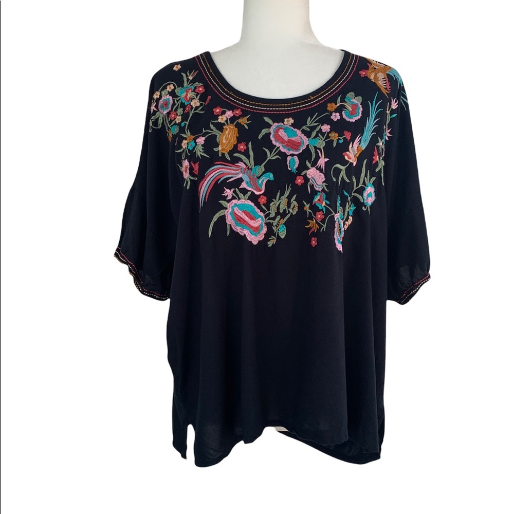 Curations Black Flowy Top with Floral Embroidered Neckline